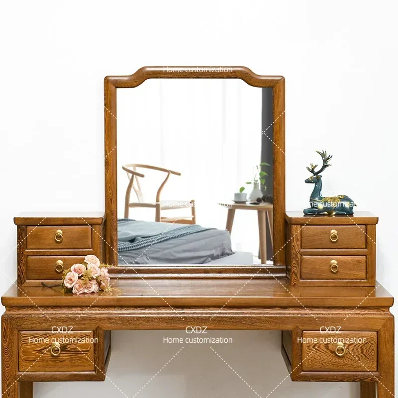 Solid Wood Dresser and Stool Set Bedroom Makeup Table with Chair Log Vanity for Small Apartment Two Piece Furniture
