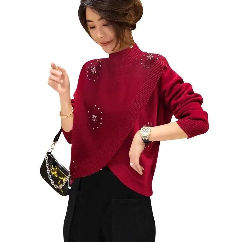 New Irregular Solid Color Pullovers Tops Autumn Winter Long Sleeve Asymmetrical Vintage Sweaters Fashion Elegant Women Clothing