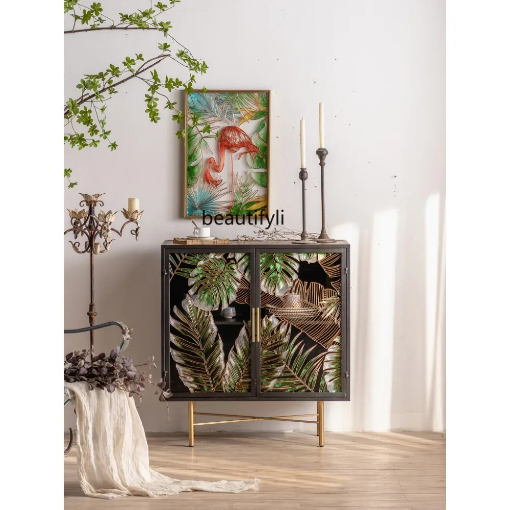 

American Retro Entrance Cabinet Shoe Cabinet Hand Painted Living Room Glass Cabinet Solid Wood Sideboard Locker