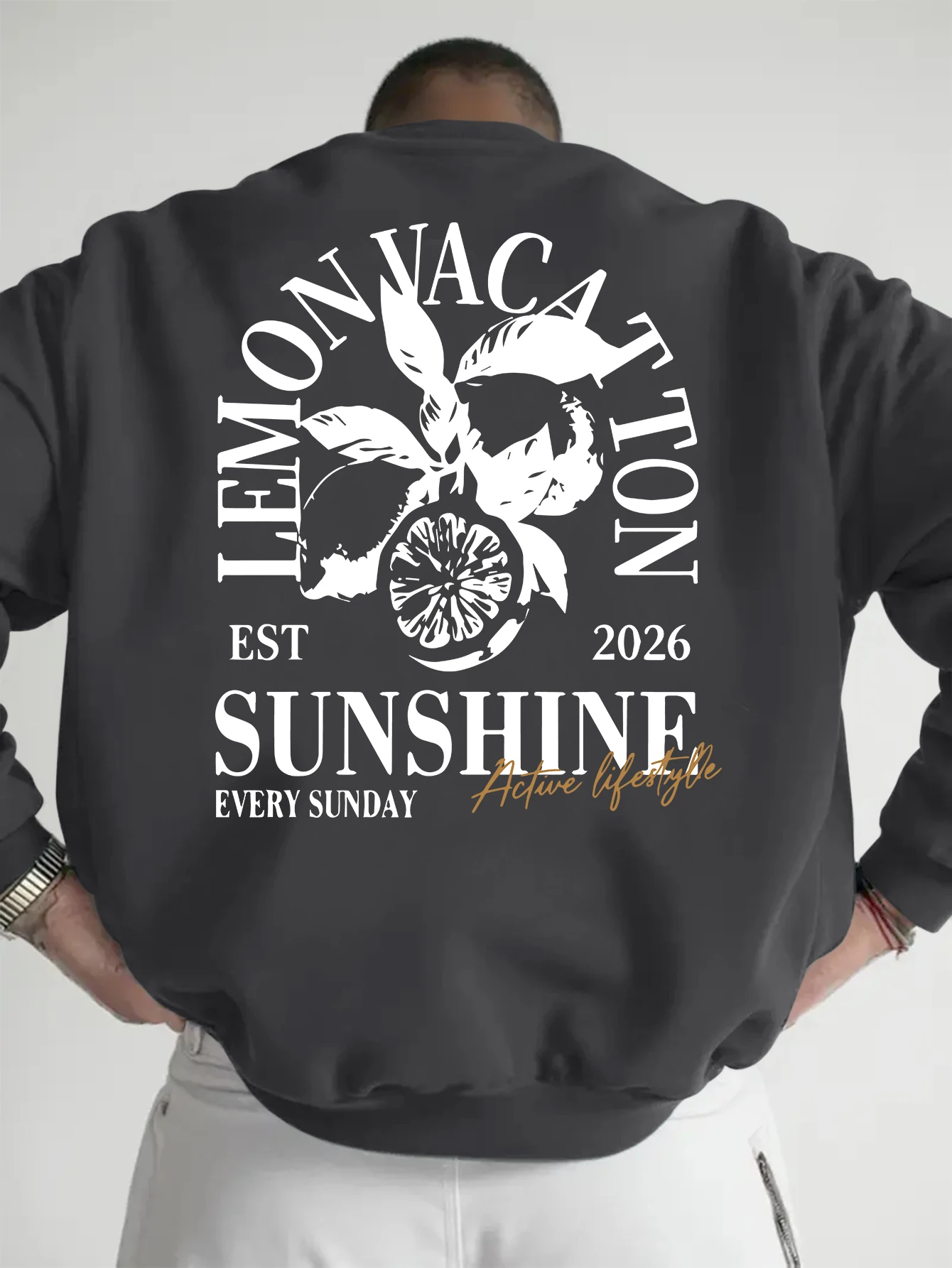 Men Lemon Vacation Sunshine Sweatshirt Retro Lemon Fruit Letter Graphic Crewneck Vintage Holiday Aesthetic Oversized Streetwear