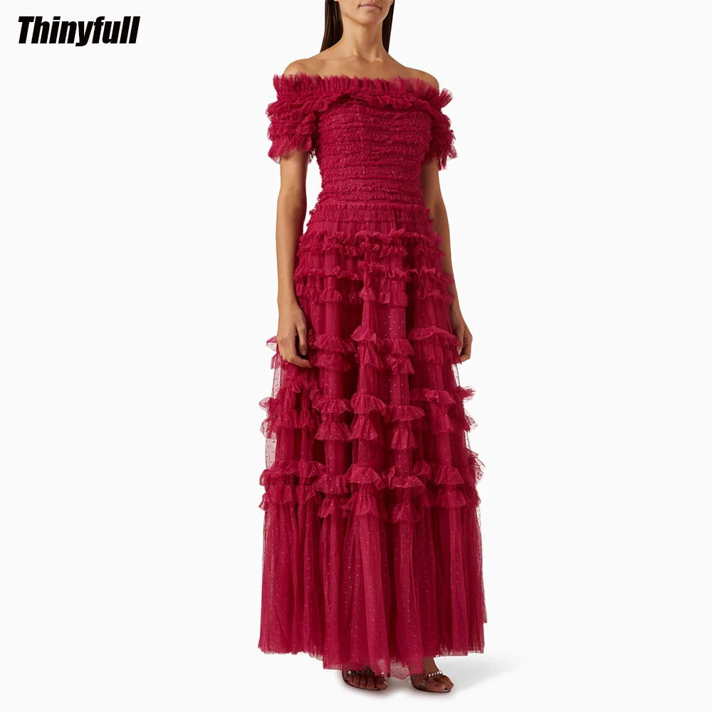 Thinyfull A-line Dotted Tulle Prom Dresses Strapless Off Shoulder Evening Party Gown Dubai Outfit Formal Occasion Dress