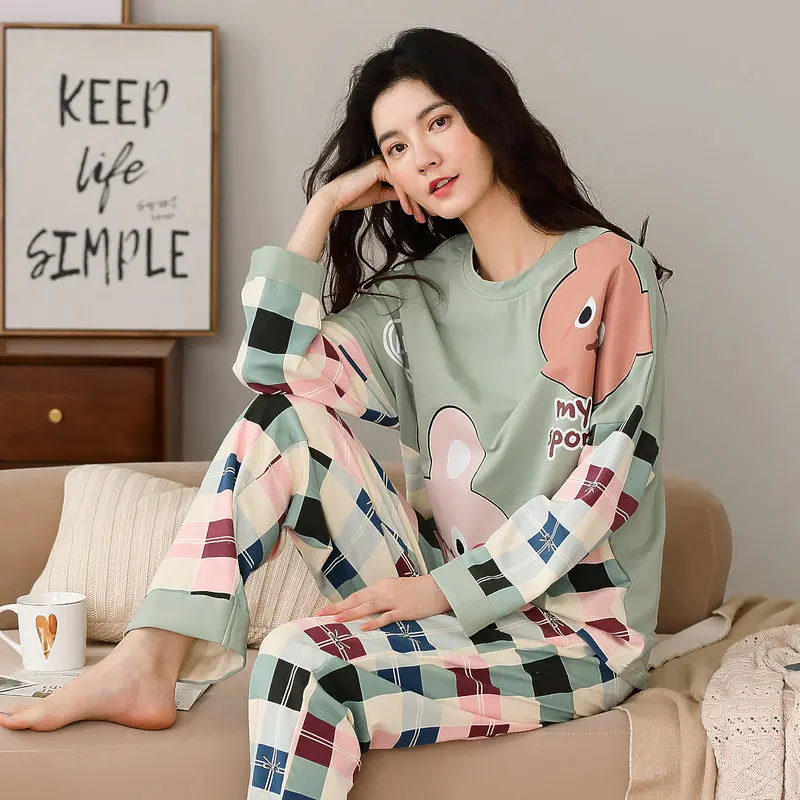 Women\'s Foreign Trade Cross-border Pajamas Homewear Ladies Simple Long Pants Long-sleeved Round Neck Loose Milk Silk Loose Women