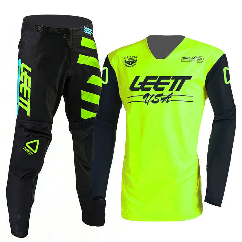 2026 leett motocross gear set adult man woman black Enduro Off-road Name and Number customization thick racing jersey and pants view 4