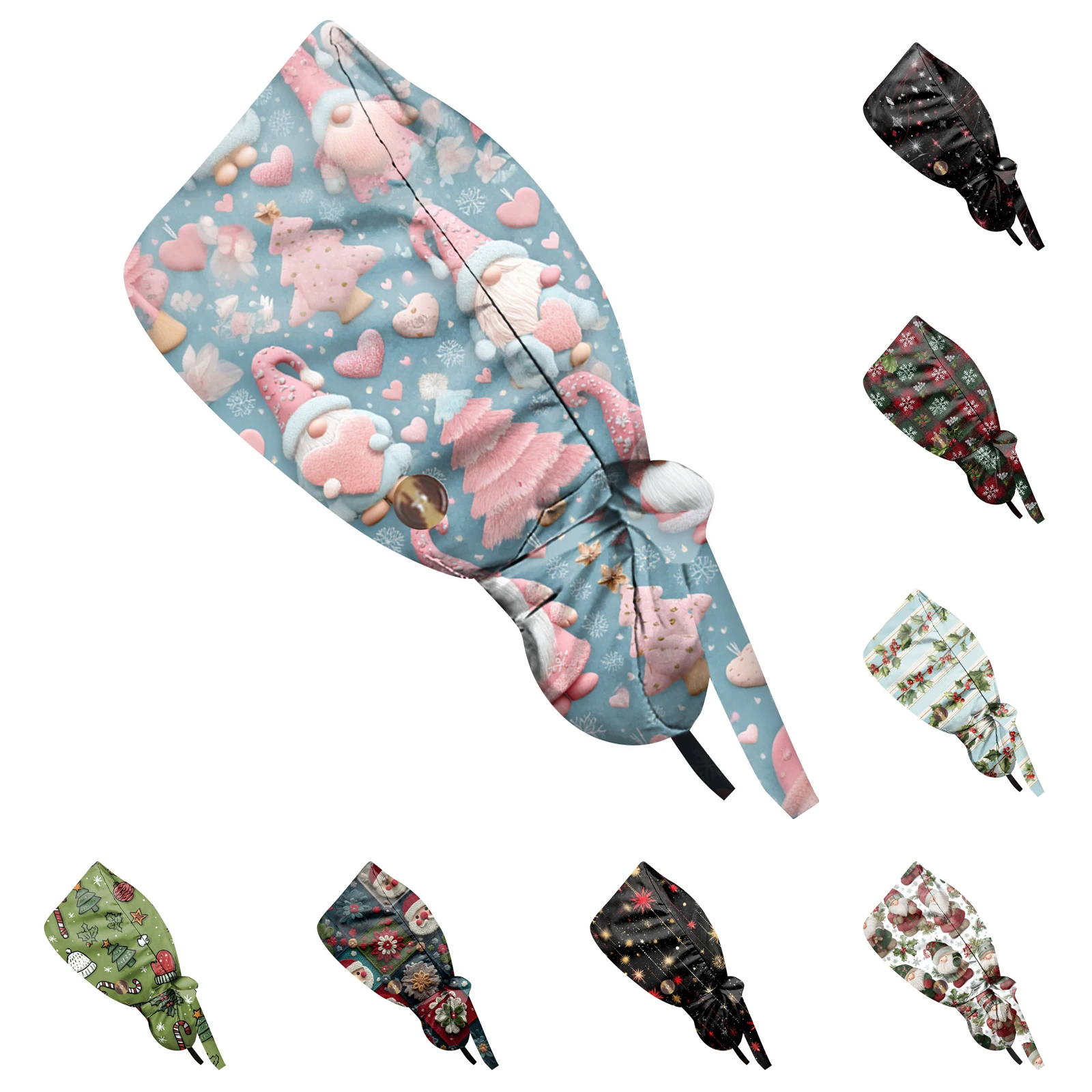 

Christmas Cartoon Printed Medical Surgical Ponytail Cap Nurse Hair Care Baotou Scrub Cap Beauty Salon Nursing Hats for Men Women