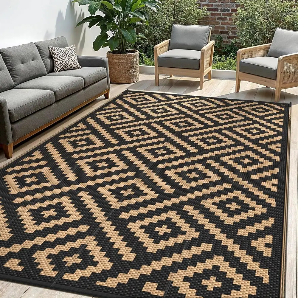 

10x14 Waterproof Reversible Rug for Outdoor and Indoor Use, Ideal for RV, Patio, Deck, Balcony, Picnic, Beach, Black and Brown