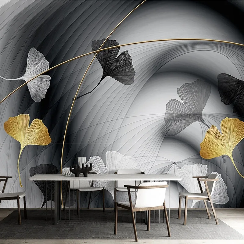 

Custom Self-Adhesive Mura Wallpaper 3D Luxurious Modern Simple Abstract Smoke Line Gingko Leaf Background Wall Mural Home Décor