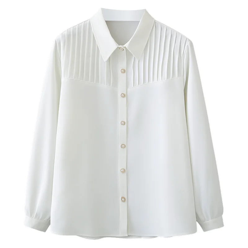 

2026 Spring Plus Size Women Long Sleeve Shirt Pleated Patchwork Chiffon Cardigan Casual Versatile Blouse 9100