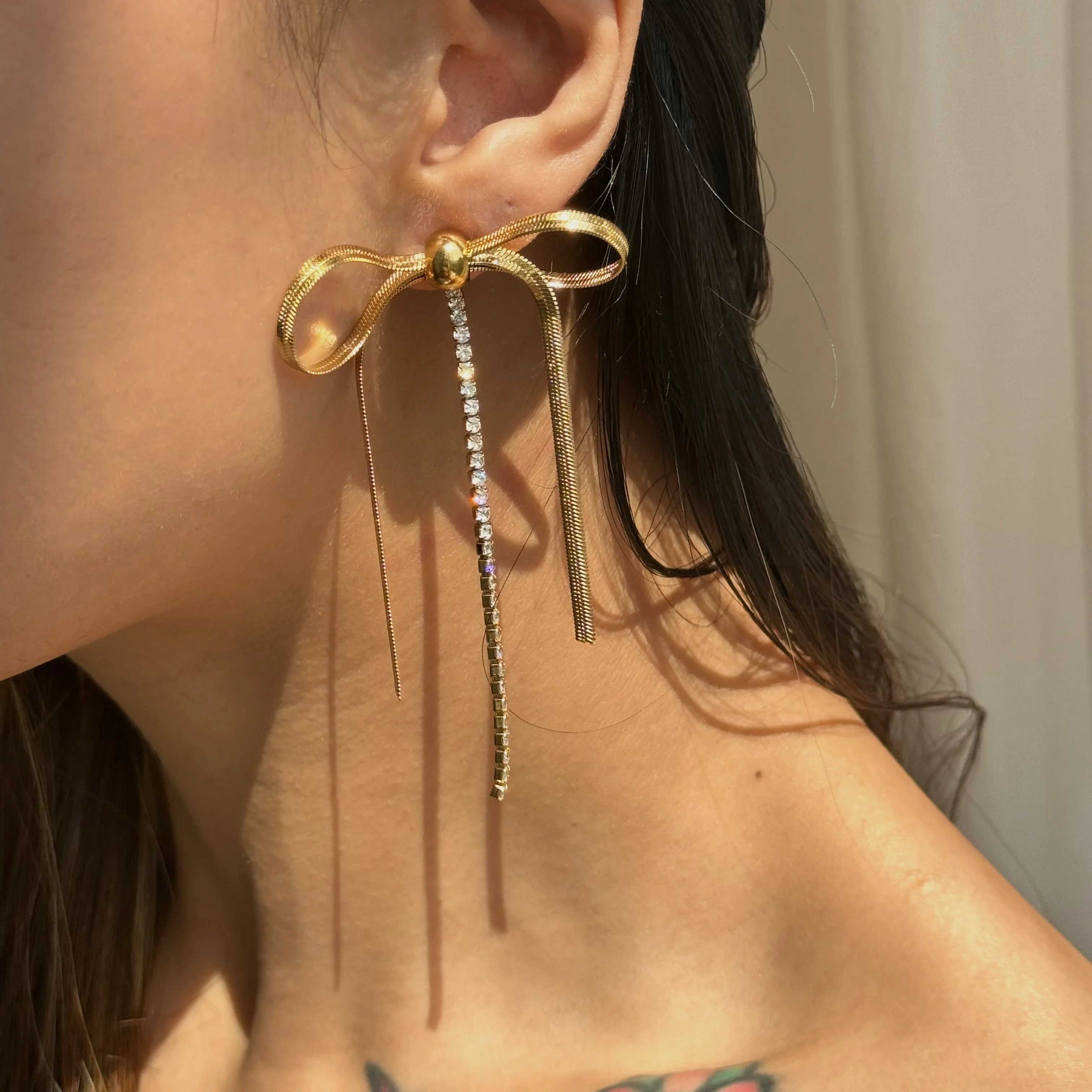DASEIN 2025 New 18k Gold Plated Cute Bow Chain Zircon Tassels Earrings Hypoallergenic Stainless Steel Korean Dignified Jewelry