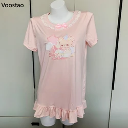 Pink Sweet Bear Print Lolita Pajamas Girls Y2k Aesthetic Lace Ruffles O-Neck Bow Nightgowns Mini Dress Women Kawaii Sleepshirts