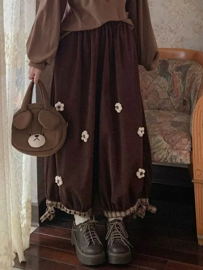 Estilo japonês doce flor veludo calças de perna larga mulheres soltas vintage bonito calças meninas harajuku moletom