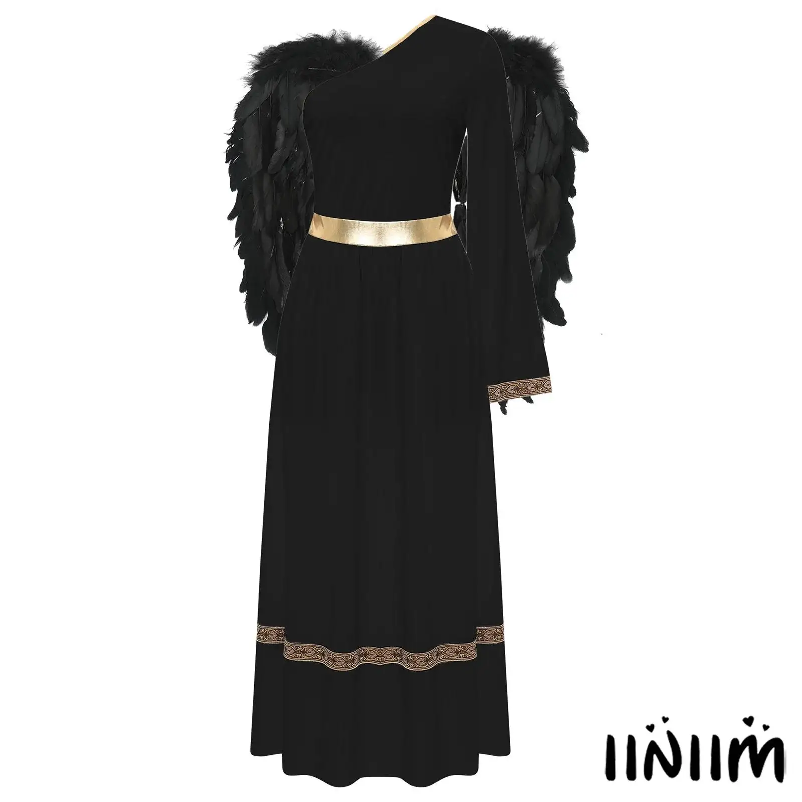 

Womens Ancient Greek Roman Tunic Dress with Wings Set Long Sleeve One Shoulder Toga Dress And Wing for Halloween Angel Cosplay