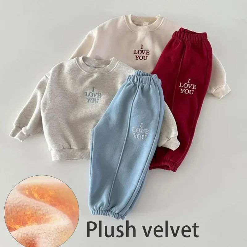 Baby Fleece Winter Sports Set Children Boy Girl Letter Casual Tops+Jogger Pants 2pcs Suit Kids Plus Velvet Thicken Warm Outfits