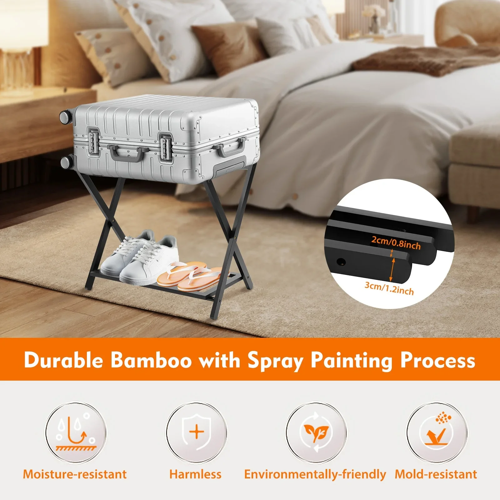 رف تخزين الأمتعة المزدوج رف أمتعة أسود قابل للطي مع رف منظم أحذية السفر وحامل من الخيزران