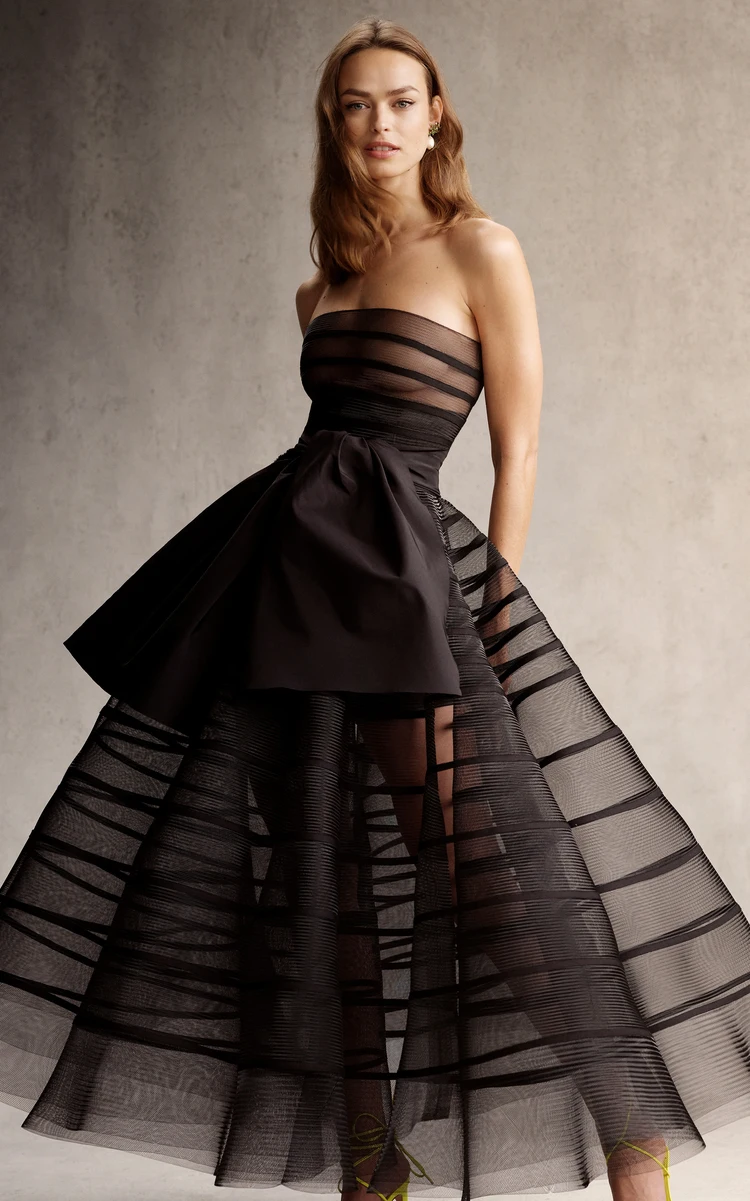 Trendy Black Caged Silk Mesh Prom Dresses Strapless Puffy Organza Evening Gown Ankle Length Simple Wedding Party Dress Custom