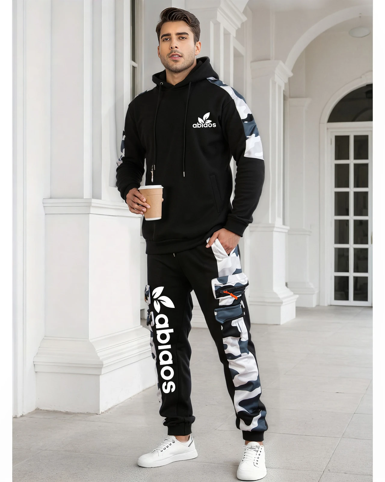 

2025 Autumn/Winter new camouflage patchwork hoodie and long pants set, outdoor casual sports fleece hoodie, men's two-piece set