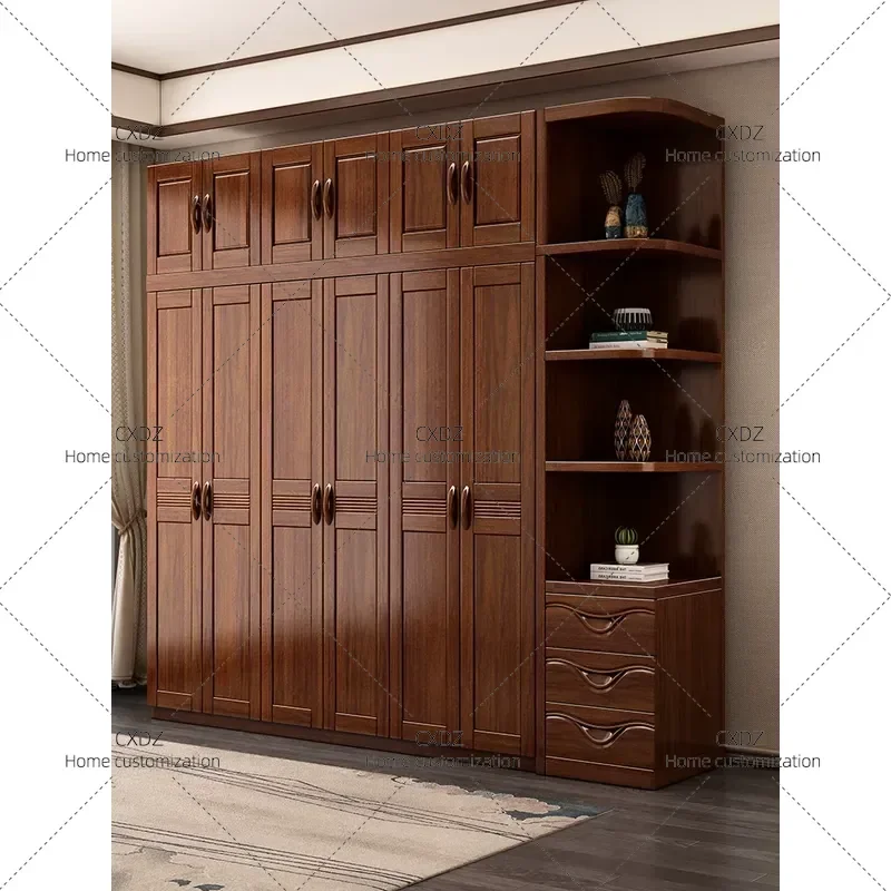 Solid Walnut Wood Wardrobe for Bedroom Small Apartment Clothes Storage Cabinet Simple Design Factory Direct Sales Household