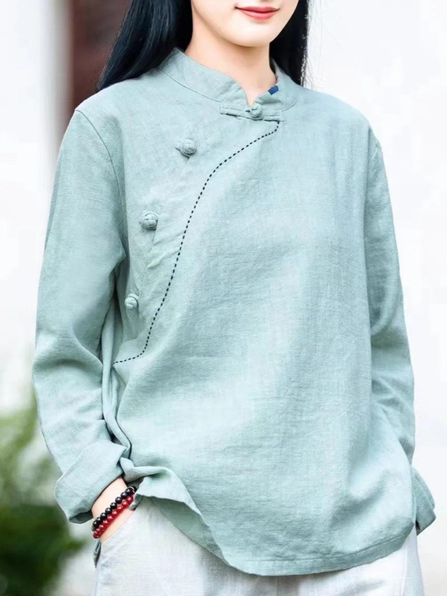 

Женский костюм из хлопка и льна в стиле ретро Sle Long Sve, осенний новый костюм с чаем и пуговицами, воротник-стойка, традиционные китайские...