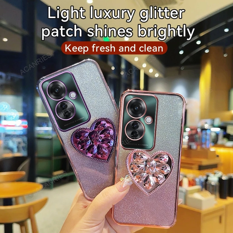 For Oppo Reno 11 F 5G A 12 Fs 10 Pro 6 7 4G Find X5 X3 Lite Heart Stand Glitter Plating Silicone Case Reno11 Reno10 Reno12 Cover