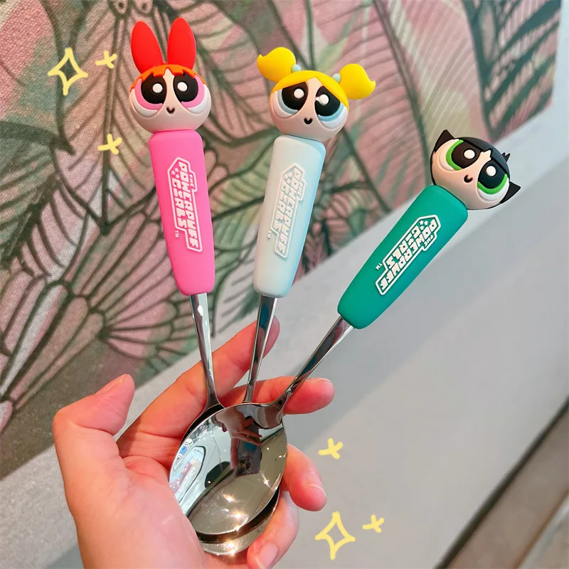 The Powerpuff Girls Childrens Tableware 304 Stainless Steel Fork Spoon Set Cute Teaspoon Dessert Snack Scoop Spoons Kitchen Tool