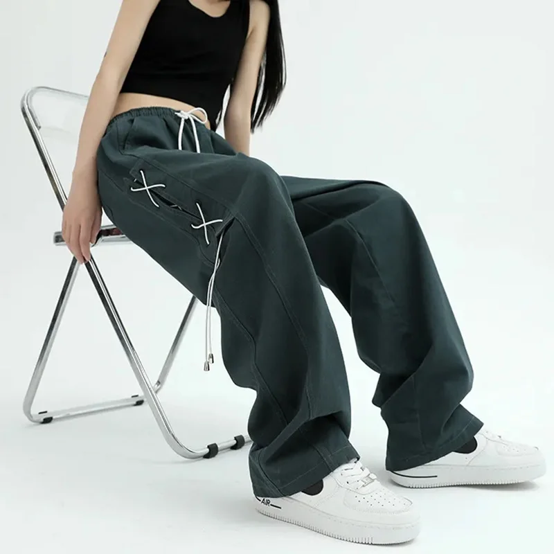 

American Style Pure Color Y2k Cargo Pants Women Streetwear Vintage Women's Trousers High-Waist Drawstring Wide-leg StreetPants