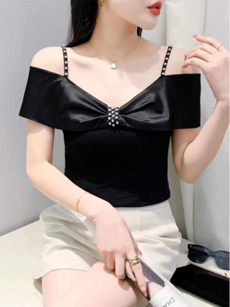 #5723 Sexy Off Shoulder T Shirt Women Slim Split Joint Ruffles Diamonds Short Streetwear Tshirt Female Sexy Party Stretch Cotton