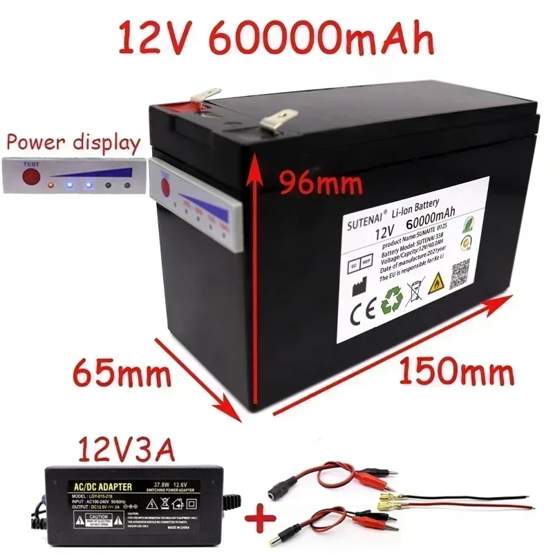 

NEW New power display 12v60a 18650 lithium battery pack is suitable for solar energy and electric vehicle battery + 12.6v3a char