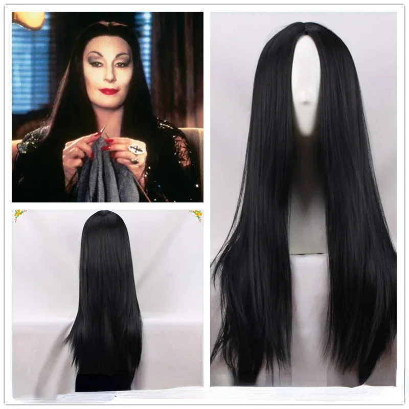 Halloween Women Wednesday Cosplay Wig Morticia Adams Wigs Black Long Straight Middle Part Synthetic Hair Pelucas Costume