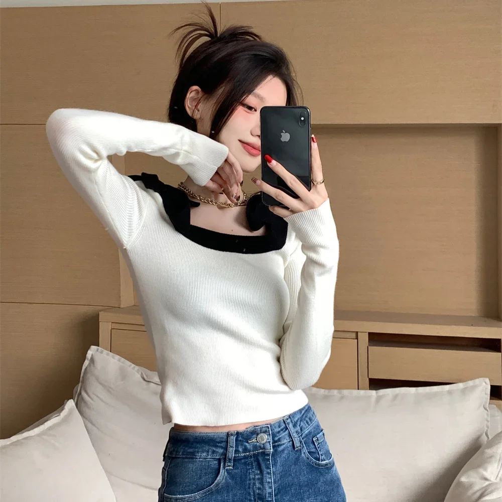 Shirts for Women Jersey Sweater Slim Sexy Crop Tops Retro Square Bow Black  Knitted Blouse Spring Elegant Chic