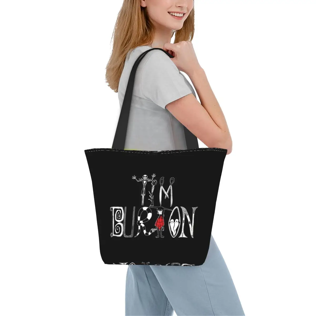 Fashion Tim Burton Alphabet Shopping Tote Bags Recycling Halloween Gothic Film Canvas Groceries Shopper Shoulder Bag