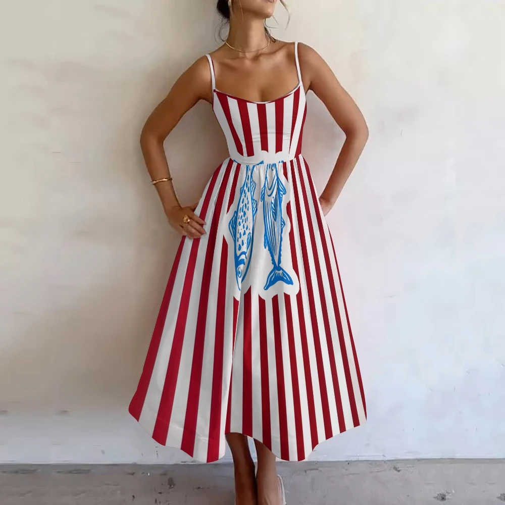 

Red Striped Suspender Skirt New Y2k Style Fish Pattern Printed Vest Skirt High Quality American Casual Vacation Dress