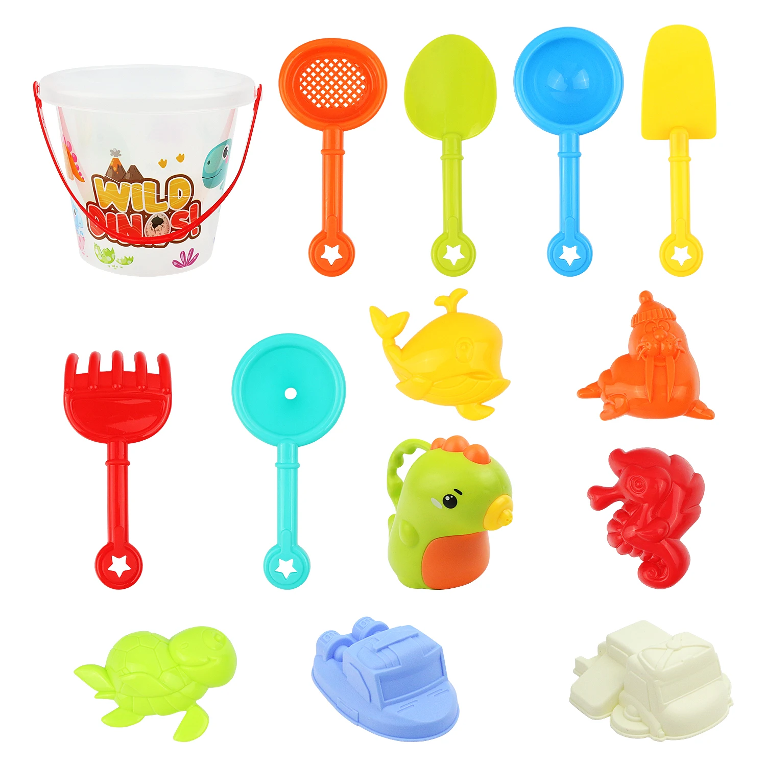 Beach toy set for children playing with sand at the beach, bucket digging, shovel tools, parent-child interaction