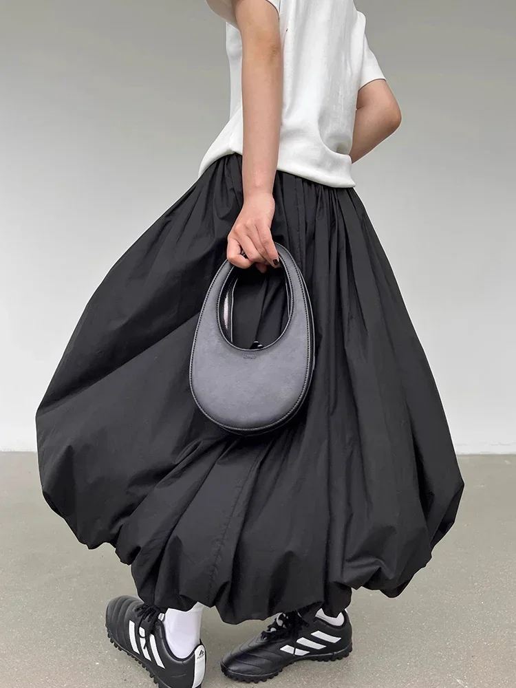 Fashion A-line Vintage Korean Fashion Loose Balloon Maxi Skirt Elegant Solid Women Elastic Waist Long Skirt Casual Streetwear