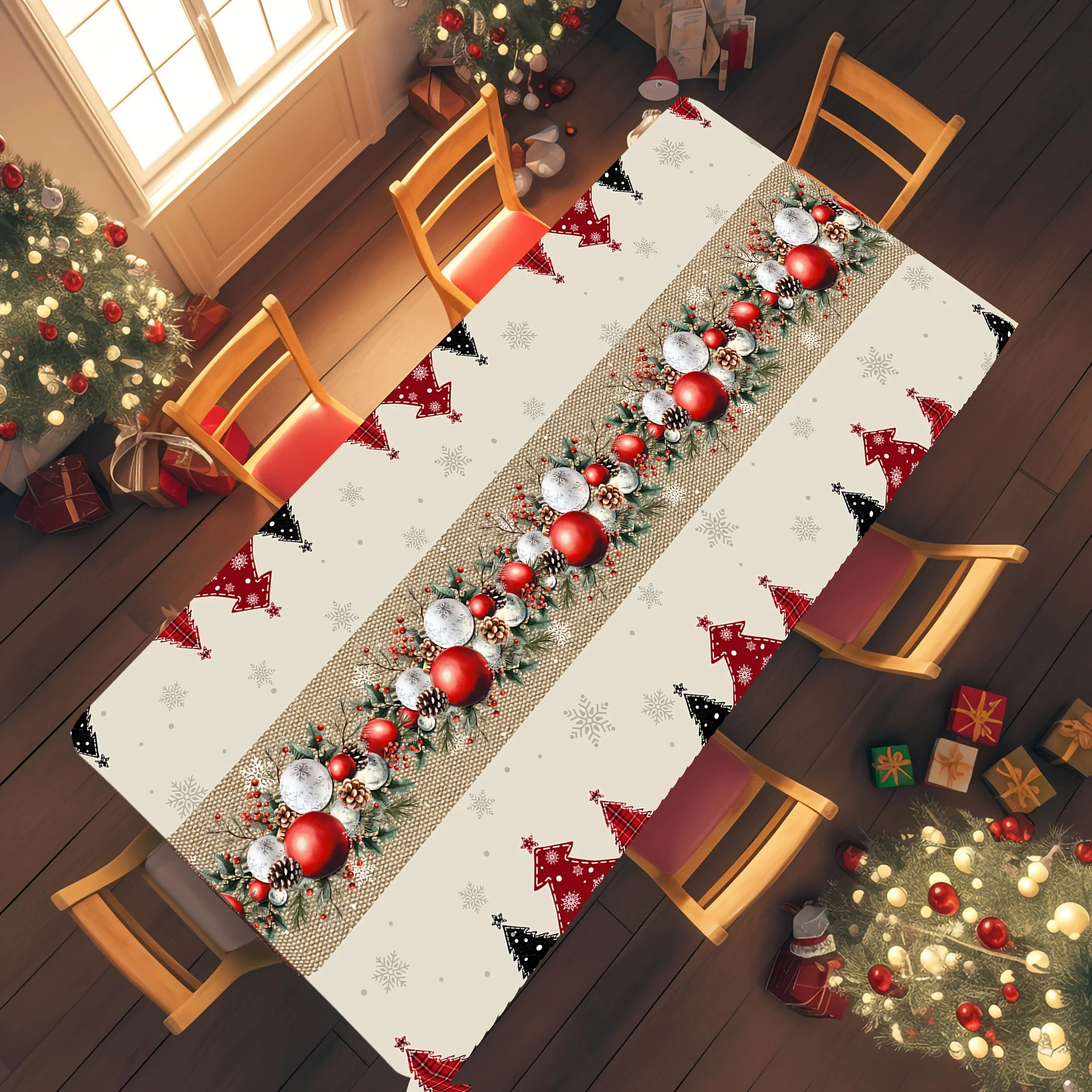 Merry Christmas Tree Ball Pinecone Tablecloth for Table Decor Reusable Winter Xmas Kitchen Dining Table Cloth Christmas Decor