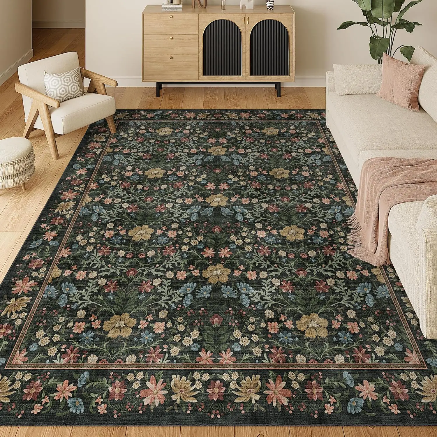 

Винтажный моющийся ковер с цветочным принтом и нескользящей подложкой, мягкие низкие ворсовые и нелиняющие большие ковры для спальни, фермерского дома, столовой