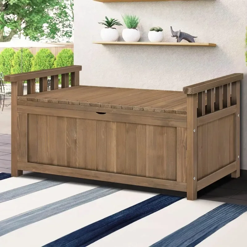Solid wood double chair armrest storage box courtyard leisure long villa chair gray preservative wood