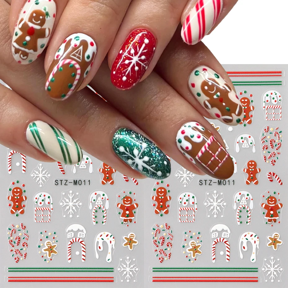 2 stücke Lebkuchenmann Zuckerstange Nail art Aufkleber 3D Winter Schneeflocke Keks Haus Weihnachten Aufkleber Nail art Dekoration Maniküre