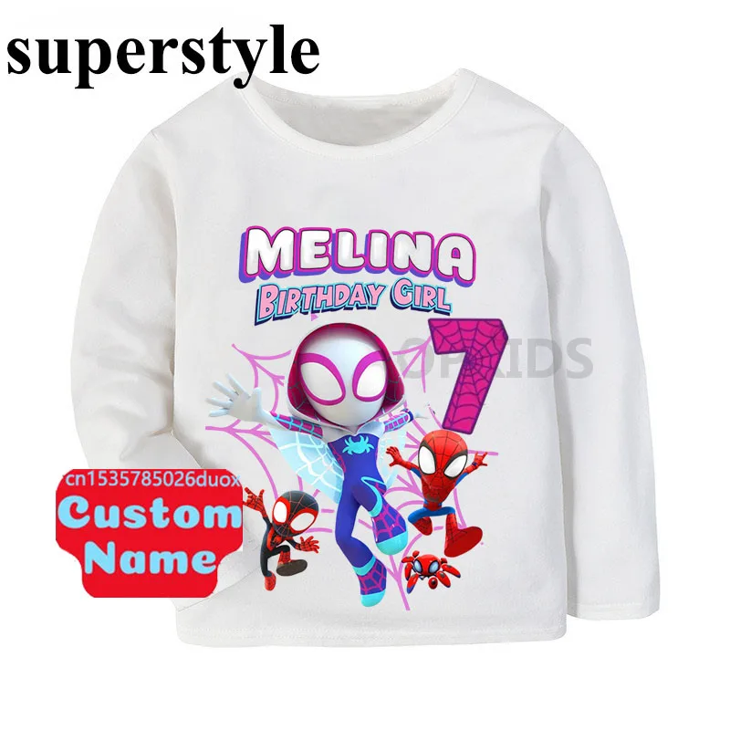 SpiderMan and His Friends Birthday Boy Long Sleeve T-Shirt Spider-Man Customized Name Birthday Party Bottoming Kawaii Girl Shirt