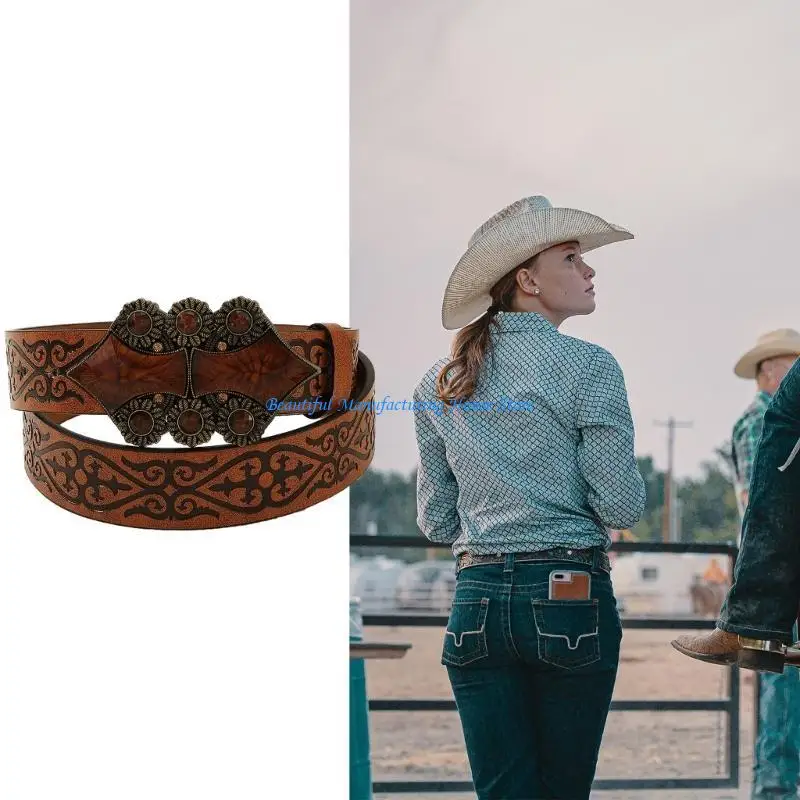 E56A Vintage Cowboy Belt for Women Embossed Buckle Pants Belt Cowgirl Belt for Teens Female Engraved Pattern Belt Jeans Belt