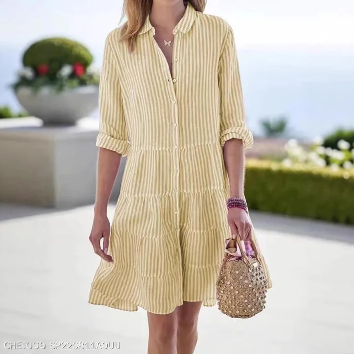 Women Strip Button Casual Ruffles Spring Autumn Boho Fall Long Sleeve Striped Blouse Dress