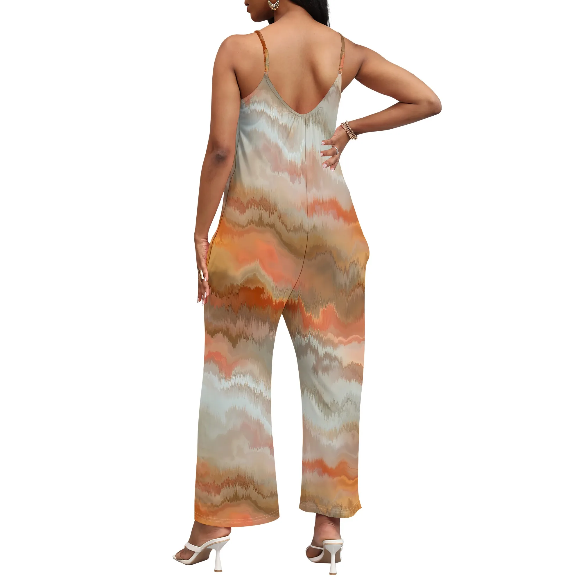 EQQZD Colorful Tie-Dye Print Sleeveless V-Neck Jumpsuit with Pockets, Spaghetti Strap Top Wide Leg Pants Jumpsuit