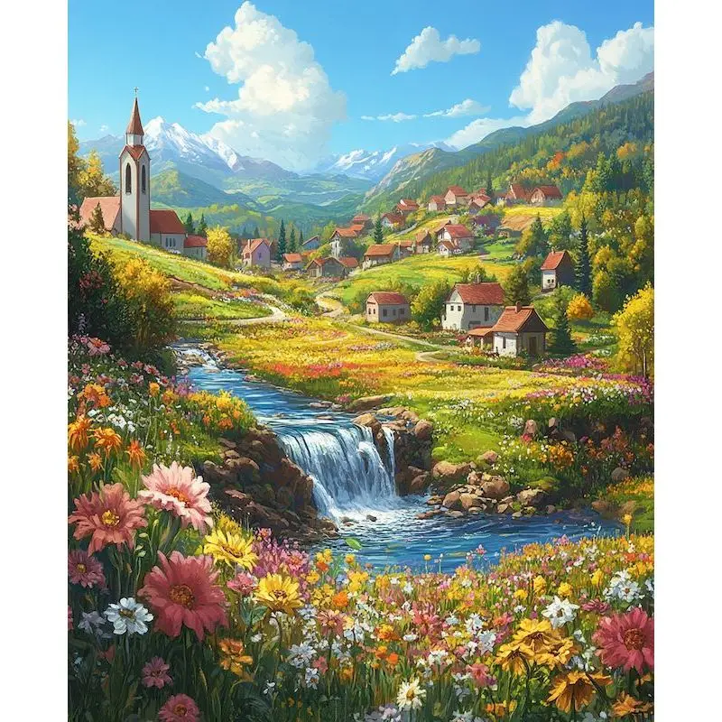 500/1000/1200/2000 PCS Jigsaw Puzzles Mountains Houses Running Water Scenery Family Activity Games for Gameroom Bedroom Gifts