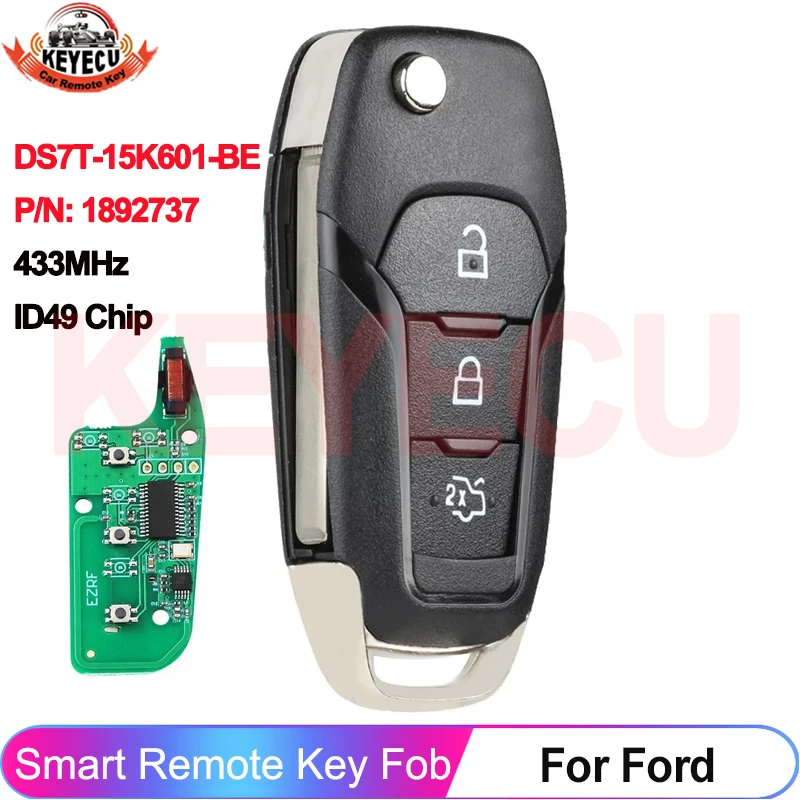 Keyecu DS7T-15K601-BE para ford S-MAX galaxy mondeo 2015 2016 2017 2018 2019 p/n: 1892737 433mhz id49 chip chave remota flip fob