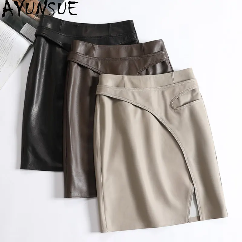 

AYUNSUE Real Leather Skirts for Women 2023 Spring Fall Elegant Genuine Sheepskin Skirt Korean Style High Waist Skirts Mid-length