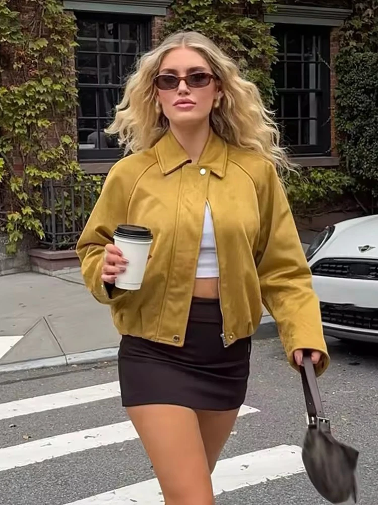 HH Women New Fashion Lapel Long Sleeve Jackets Loose Casual Short Faux Suede Yellow Outwear 2026 Autumn High Street Chic Coat
