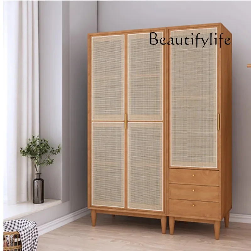 Four Seasons Wardrobe Nordic Simple Modern Solid Wood Wardrobe Rattan Double Door Combination Cabinet Customized Small Unit