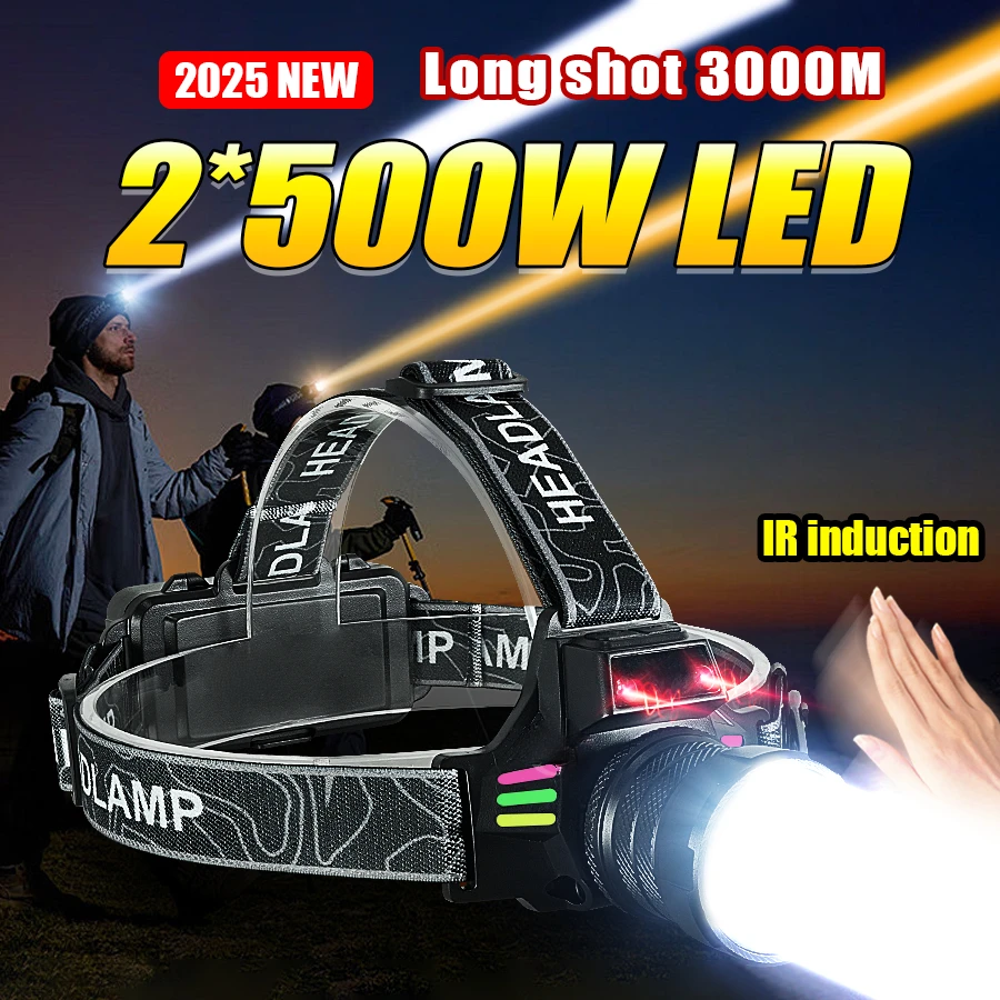 

2025 2*500W Ultra Powerful Headlamp 18650 USB Rechargeable LED Headlamp Long Range Outdoor Fishing Head Light Hunting HeadLight