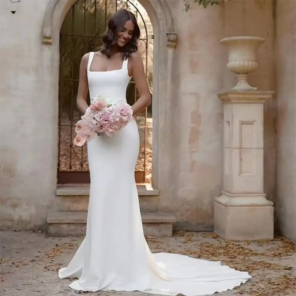 

Элегантные свадебные платья русалки с квадратным воротником на бретелях и пуговицах, свадебные платья с длинным шлейфом и открытой спиной по индивидуальному заказу 2026