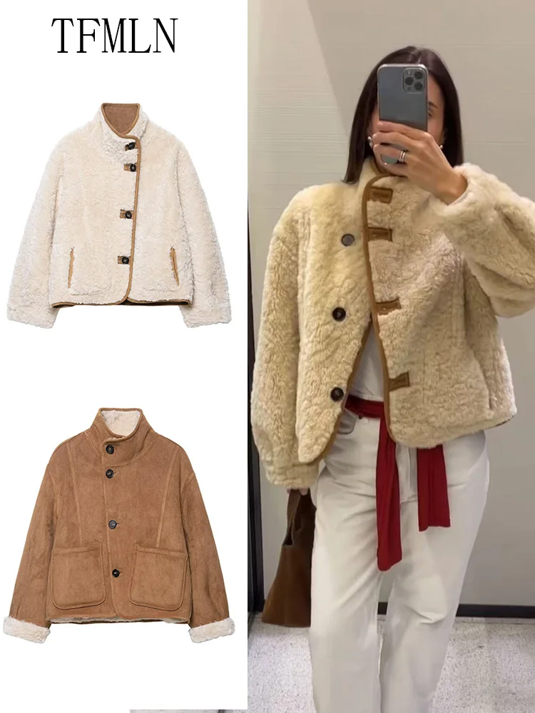 

2025 зимние женские двусторонние пальто из овечьей шерсти, повседневные однобортные свободные теплые верхняя одежда с воротником-стойкой, шикарные женские офисные куртки