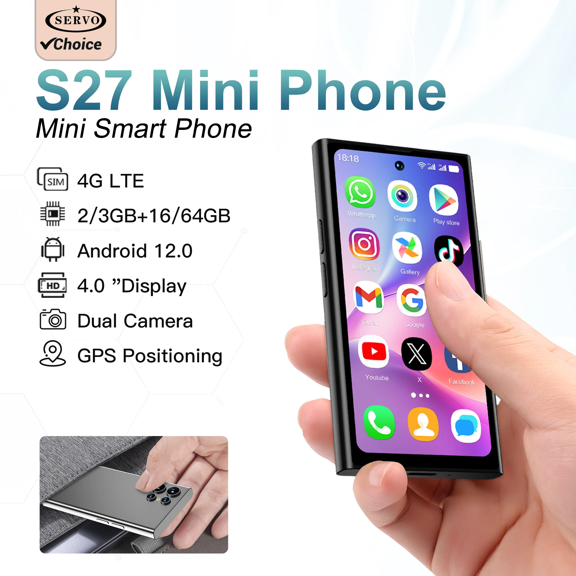 SERVO S27 MINI Android OS Mini Smartphone 4G LTE 16GB/64GB ROM Play Store WiFi Face Unlock 2 SIM 4.0