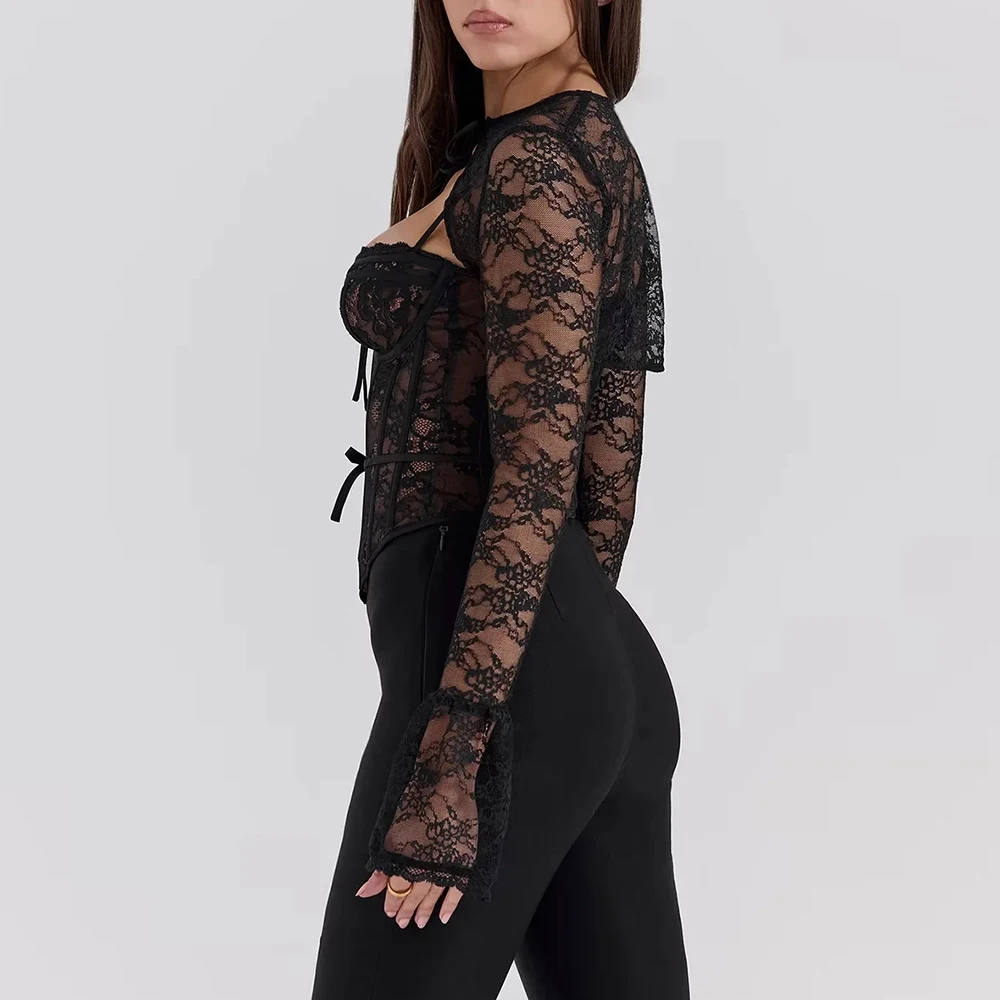 TWOTWINSTYLE Solid Sexy Lace Jackets for Women O Neck Spliced Lace Up Long Sleeve Temperament Coats Female New